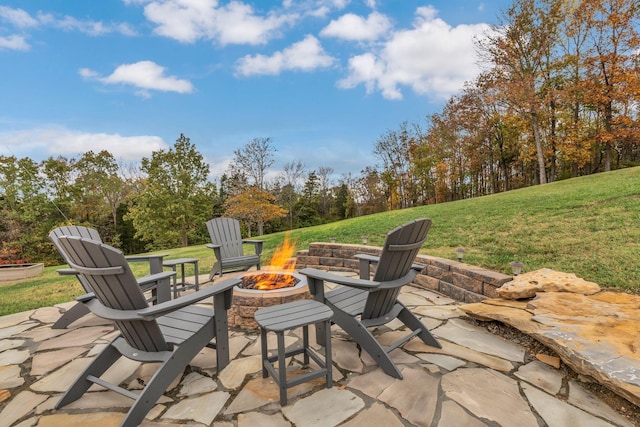 view of patio / terrace with a fire pit