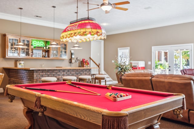 recreation room featuring french doors, ceiling fan, pool table, and carpet floors