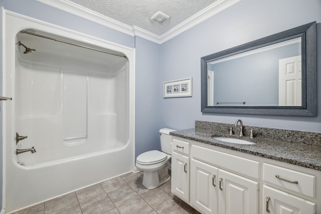 full bathroom with bathing tub / shower combination, crown molding, vanity, a textured ceiling, and toilet