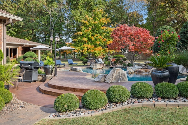 view of patio / terrace with area for grilling and pool water feature