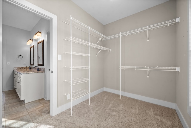 walk in closet featuring light colored carpet