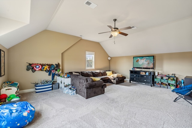 living room featuring vaulted ceiling, carpet floors, and ceiling fan