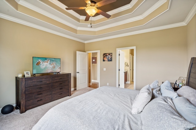 bedroom featuring crown molding, light carpet, and ceiling fan