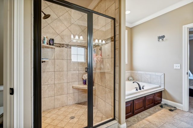 bathroom featuring independent shower and bath and ornamental molding