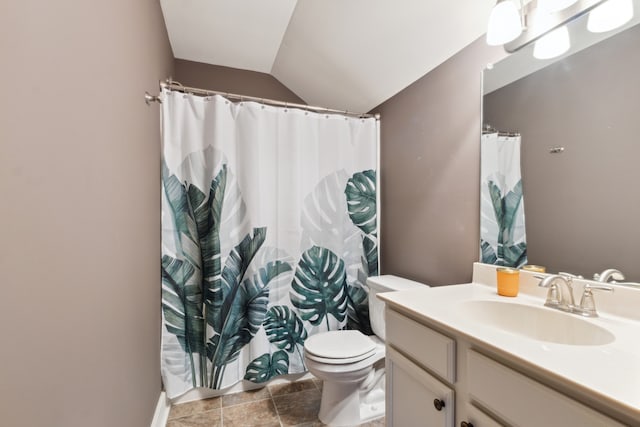 bathroom featuring vanity, toilet, vaulted ceiling, and curtained shower