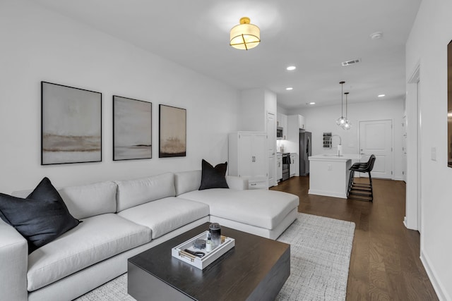 living room with dark wood-type flooring and sink