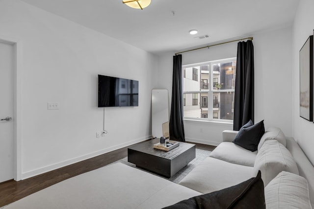 living room featuring dark wood-type flooring