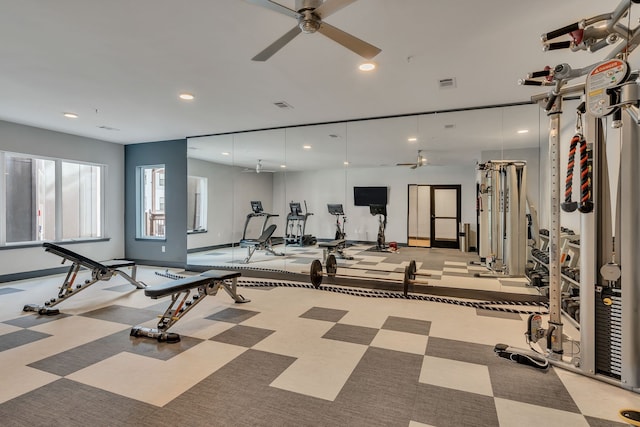 exercise room featuring ceiling fan