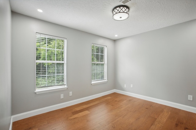 empty room with a textured ceiling, wood-type flooring, and a wealth of natural light