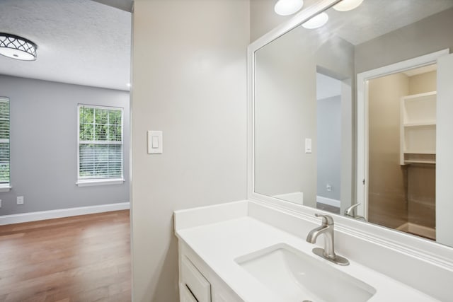 bathroom with vanity, wood-type flooring, and a textured ceiling