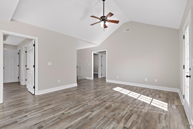 unfurnished living room with hardwood / wood-style floors, ceiling fan, and plenty of natural light