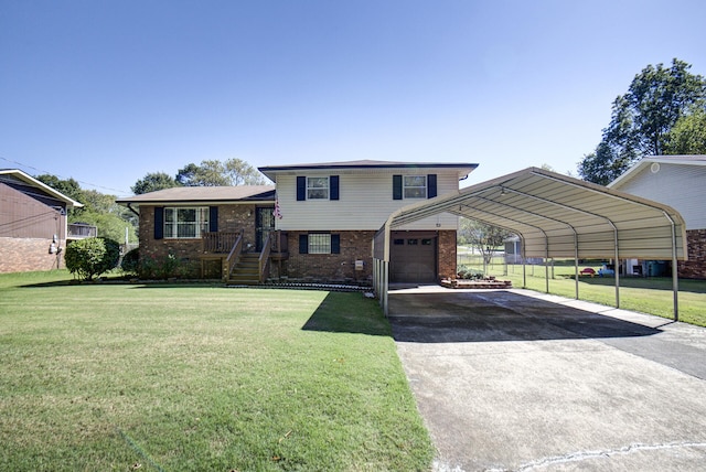 split level home with a front yard, a garage, and a carport