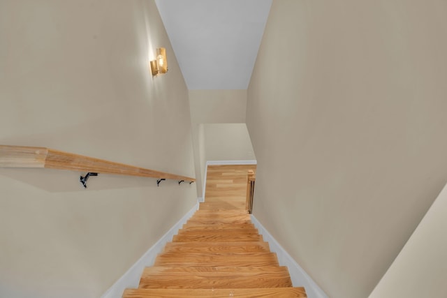 stairway with hardwood / wood-style flooring