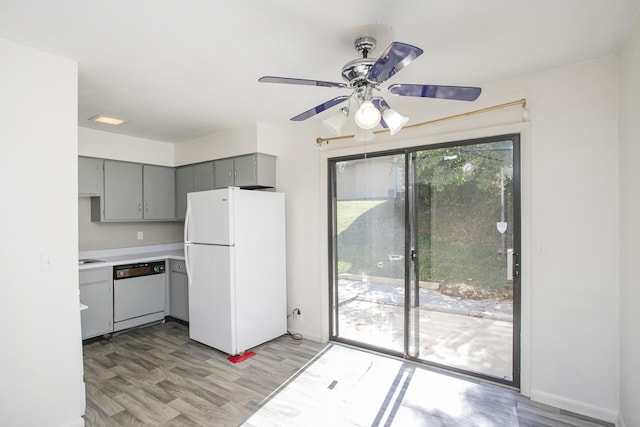 kitchen with gray cabinetry, ceiling fan, light wood-type flooring, and white appliances