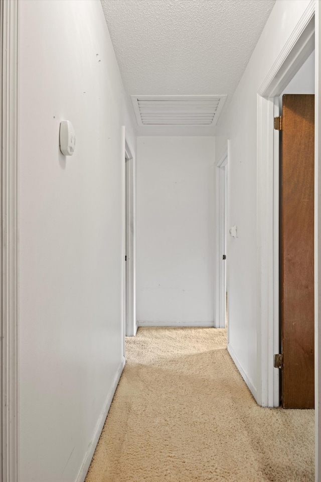 hallway with carpet flooring and a textured ceiling