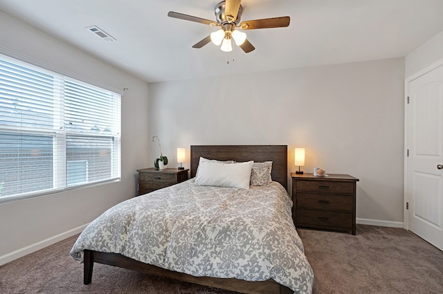 bedroom featuring carpet flooring and ceiling fan