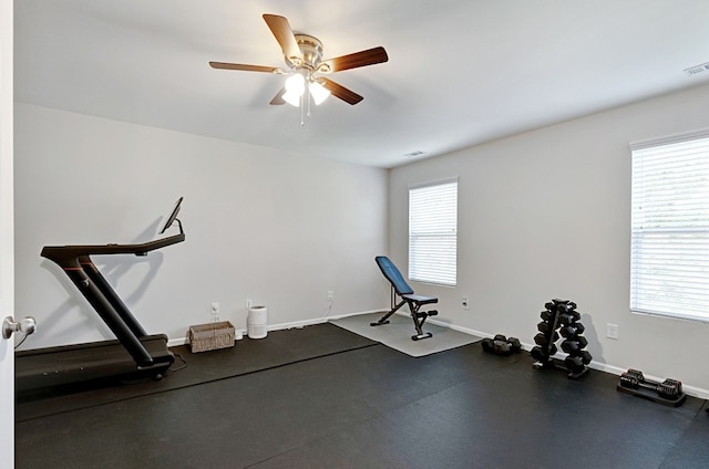 exercise area with ceiling fan and plenty of natural light