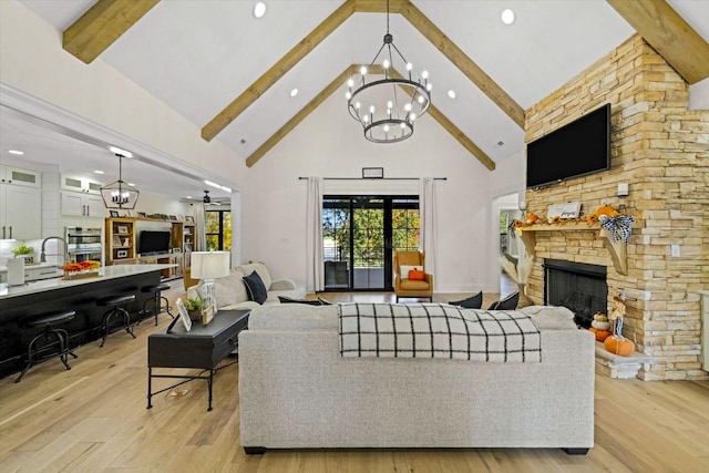 1878 Ferry Hill Rd, Dandridge, TN 37725 - living area featuring a fireplace, a chandelier, high vaulted ceiling, beam ceiling, and light wood-style flooring