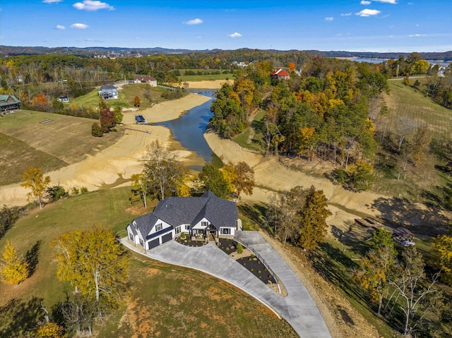 bird's eye view with a water view