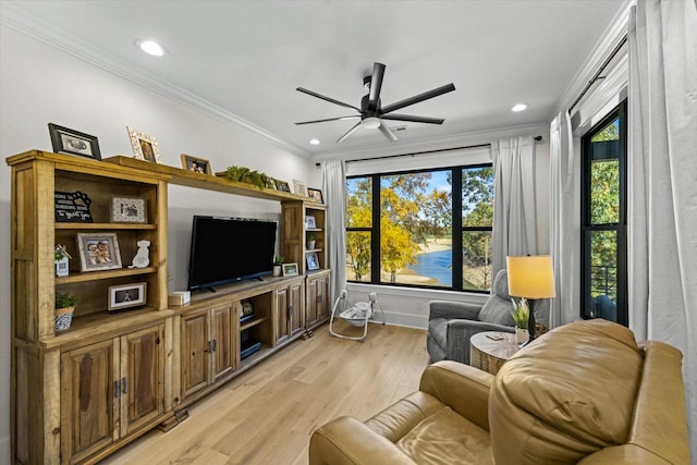 1878 Ferry Hill Rd, Dandridge, TN 37725 - living room featuring ceiling fan, light wood-style floors, crown molding, recessed lighting, and baseboards
