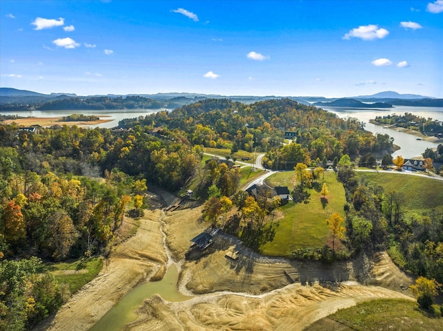 aerial view with a water and mountain view