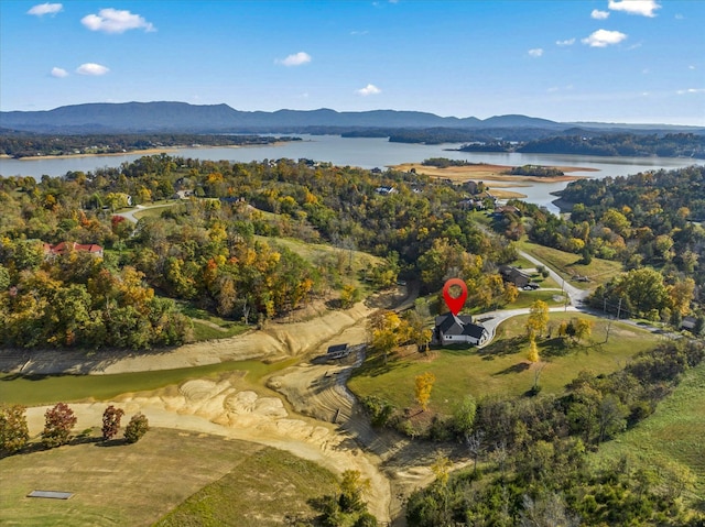 birds eye view of property with a water and mountain view