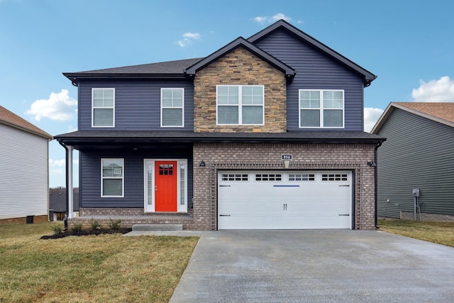 view of front of property featuring concrete driveway, stone siding, an attached garage, a front yard, and brick siding