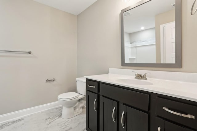 bathroom featuring baseboards, a shower, toilet, marble finish floor, and vanity