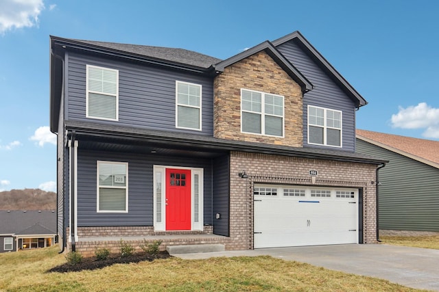 view of front of property with driveway, stone siding, an attached garage, and brick siding