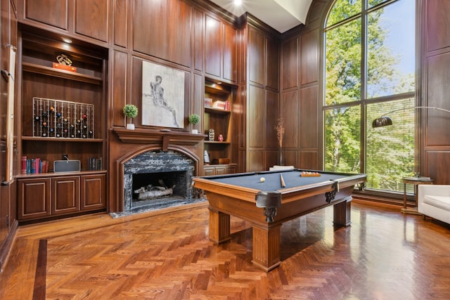 31 Annandale, Nashville, TN 37215 - game room with billiards table, a premium fireplace, built in features, and lofted ceiling