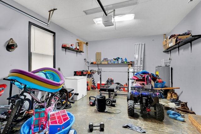 garage with refrigerator, a garage door opener, and water heater