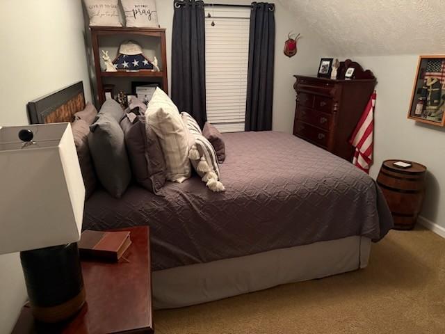 47 Hickory Ln, Sugar Tree, TN 38380 - bedroom with carpet floors, a textured ceiling, lofted ceiling, and baseboards
