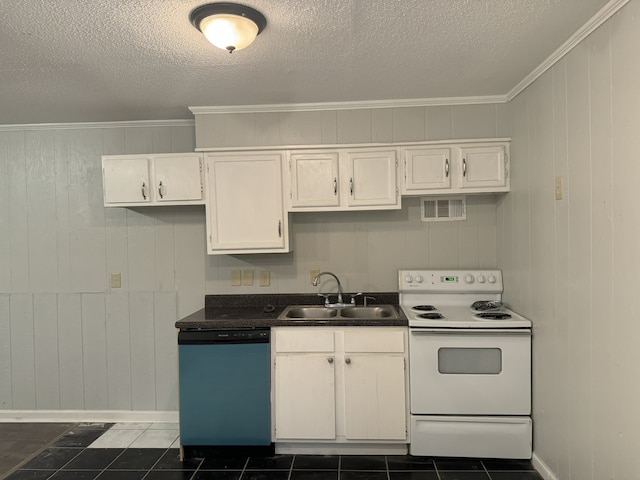 kitchen with white cabinetry, sink, white electric range, wooden walls, and dishwasher