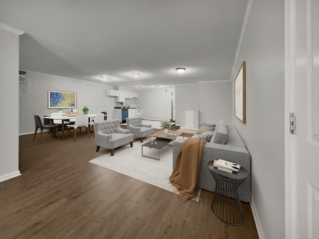 living room with hardwood / wood-style flooring and crown molding