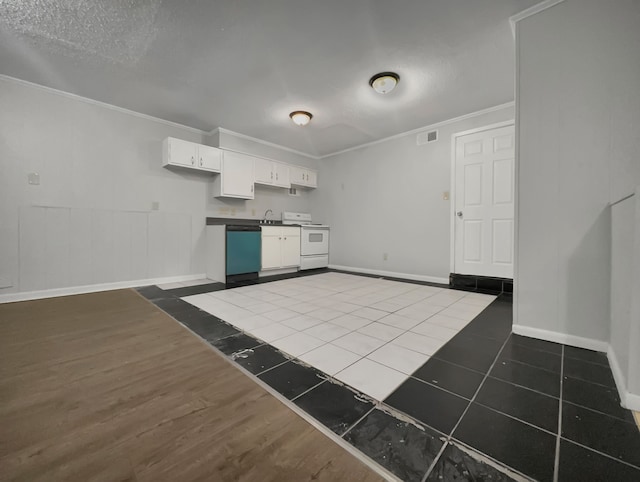 kitchen featuring white cabinetry, dark tile patterned floors, white range with electric stovetop, crown molding, and dishwasher