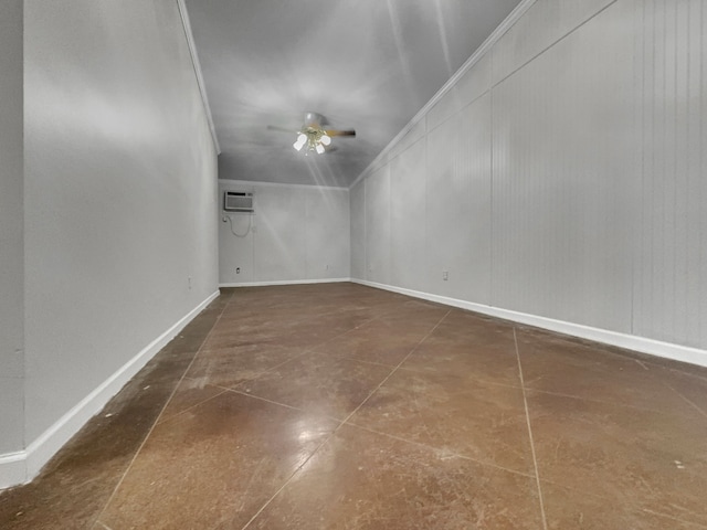 empty room with a wall mounted AC, ceiling fan, crown molding, and vaulted ceiling