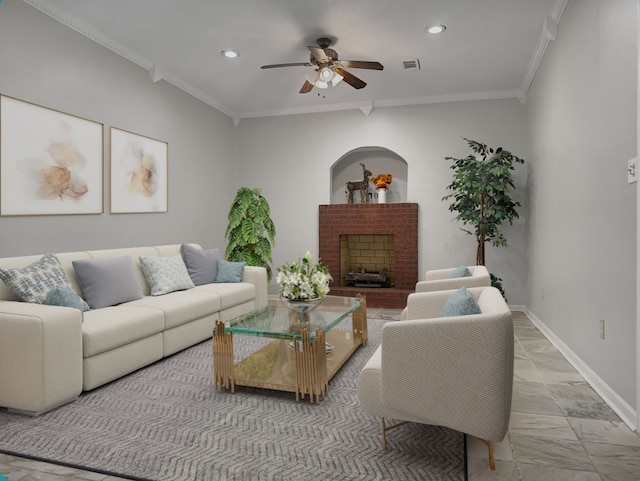 living room with a fireplace, ceiling fan, and crown molding