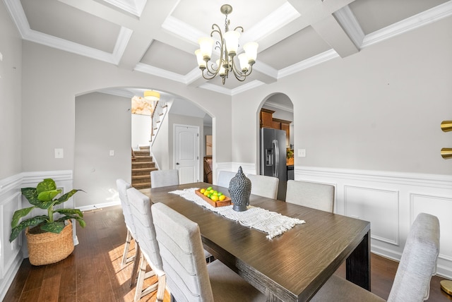 dining area featuring crown molding, dark hardwood / wood-style floors, beamed ceiling, and coffered ceiling