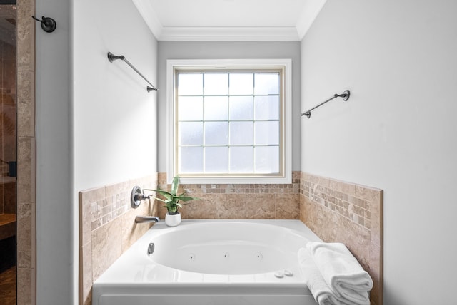 bathroom featuring ornamental molding and separate shower and tub