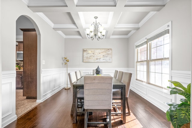 dining room with coffered ceiling, beamed ceiling, dark wood-type flooring, a notable chandelier, and ornamental molding