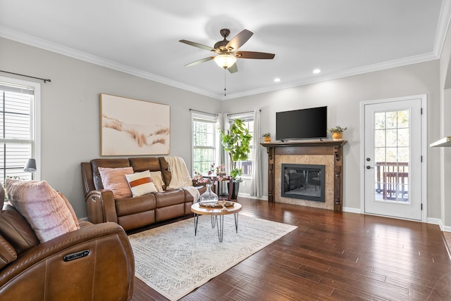 living room featuring ornamental molding, dark wood-type flooring, ceiling fan, and plenty of natural light