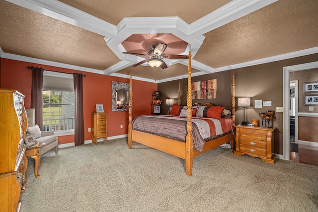 bedroom with crown molding, a textured ceiling, carpet, and ceiling fan