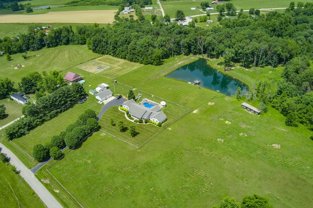 bird's eye view featuring a water view and a rural view