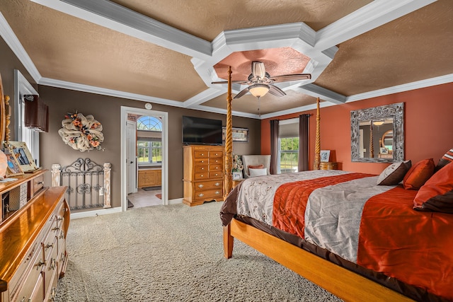 bedroom with multiple windows, light colored carpet, crown molding, and ceiling fan