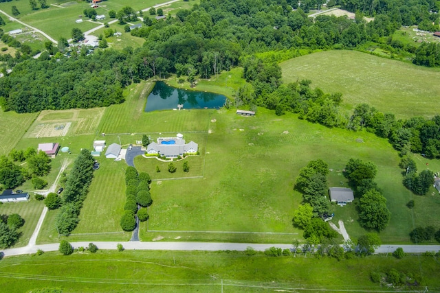 bird's eye view with a water view and a rural view