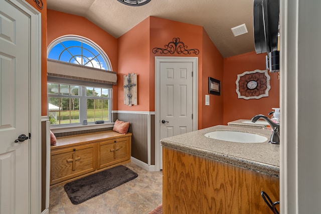 bathroom with vanity, a textured ceiling, and vaulted ceiling