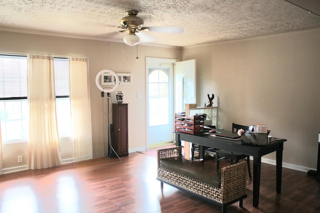 home office with crown molding, a textured ceiling, a ceiling fan, and wood finished floors