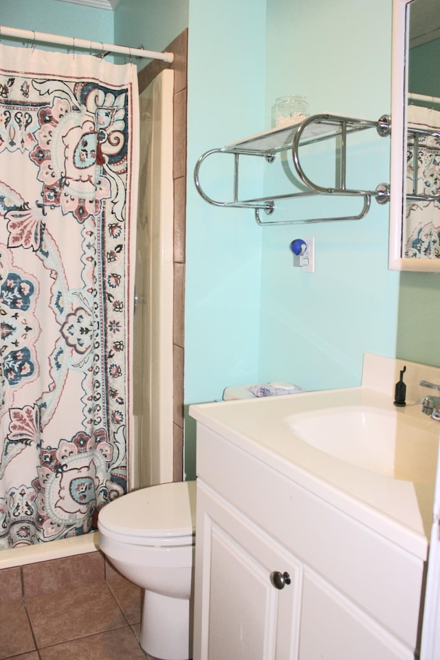 full bath featuring vanity, tile patterned flooring, a shower with curtain, and toilet