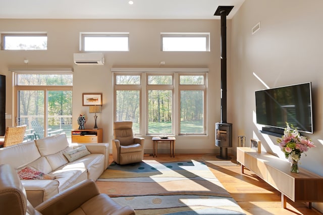 living room featuring a wood stove, a healthy amount of sunlight, and a wall mounted air conditioner