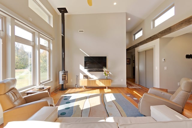 living room with a wood stove, a wealth of natural light, and light hardwood / wood-style floors